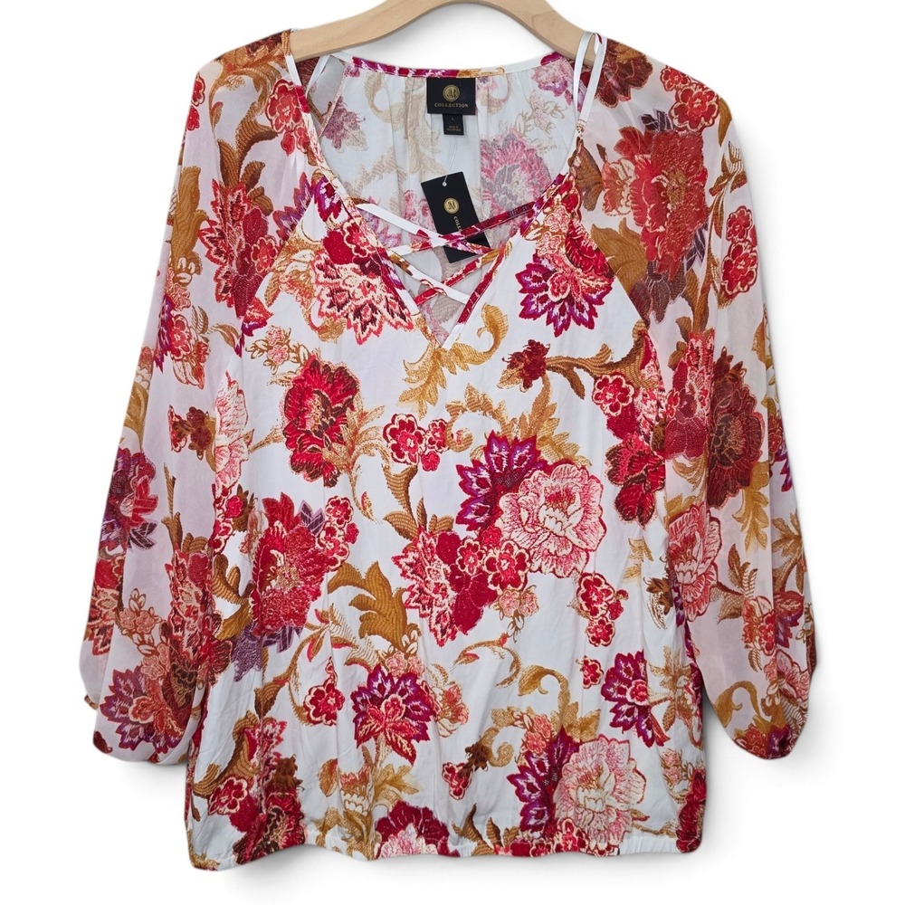 NWT JM Collection Blouse Womens Large Floral Crisscross Lattice Neck Top